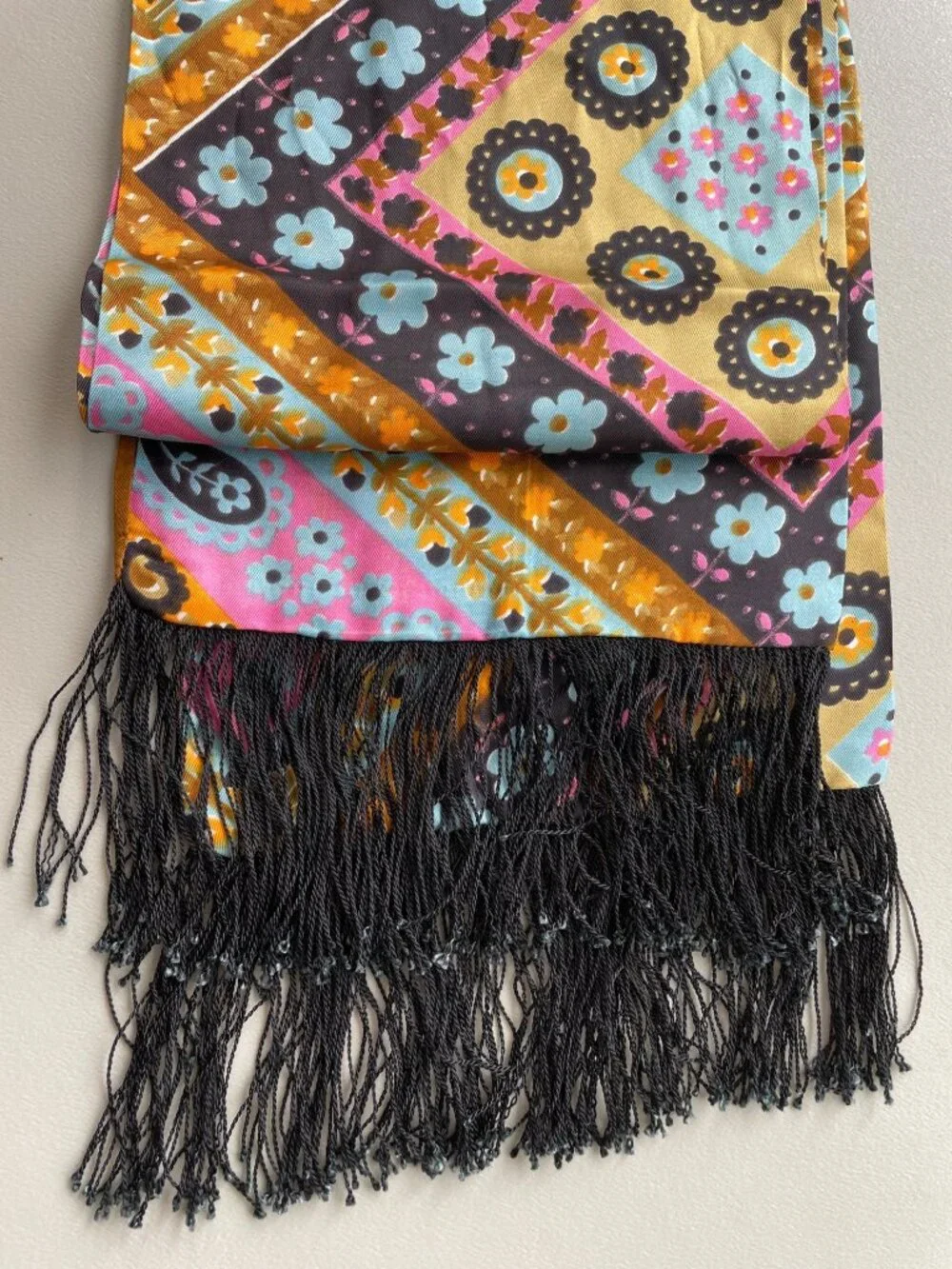 Vintage Floral Silk Scarf Black Fringe Trim Multicolor Neck Wrap Boho Festival